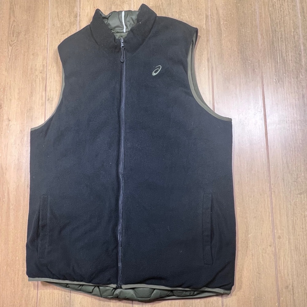 Asics Reversible Puffer Fleece Vest Mens Black Olive Green Full Zip Quilted XL